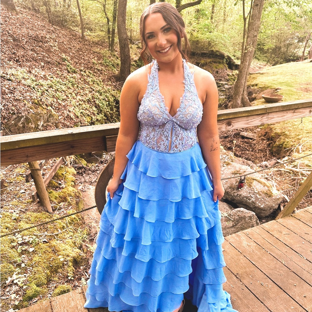 Sky Blue Ruffled Halter Dress - Picture 2 of 4